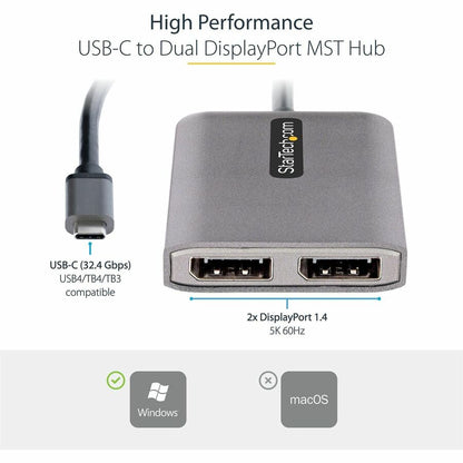 Alternate-Image1 Image for StarTech.com USB-C to Dual DisplayPort 1.4 Adapter, USB Type-C Multi-Monitor MST Hub, Dual 5K 60Hz DP Display Extender / Splitter, Windows