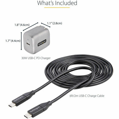 Alternate-Image5 Image for StarTech.com 30W USB-C Wall Charger, Portable GaN Charger w/ USB Power Delivery Fast Charging, USB-IF Certified, 6ft Cable, USB-C Charger
