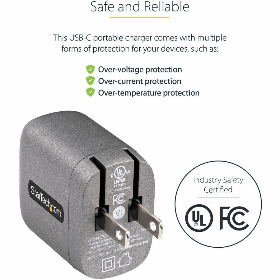 Alternate-Image4 Image for StarTech.com 30W USB-C Wall Charger, Portable GaN Charger w/ USB Power Delivery Fast Charging, USB-IF Certified, 6ft Cable, USB-C Charger