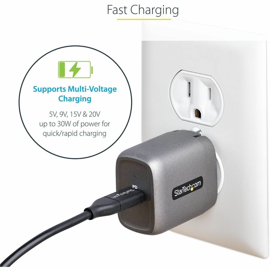 Alternate-Image2 Image for StarTech.com 30W USB-C Wall Charger, Portable GaN Charger w/ USB Power Delivery Fast Charging, USB-IF Certified, 6ft Cable, USB-C Charger