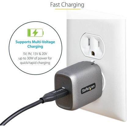 Alternate-Image2 Image for StarTech.com 30W USB-C Wall Charger, Portable GaN Charger w/ USB Power Delivery Fast Charging, USB-IF Certified, 6ft Cable, USB-C Charger