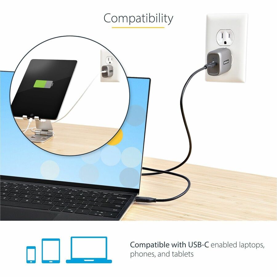 Alternate-Image3 Image for StarTech.com 30W USB-C Wall Charger, Portable GaN Charger w/ USB Power Delivery Fast Charging, USB-IF Certified, 6ft Cable, USB-C Charger