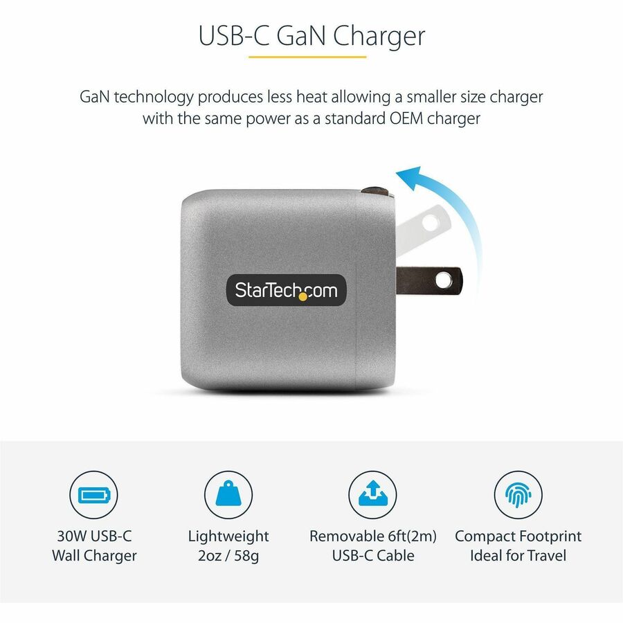 Alternate-Image1 Image for StarTech.com 30W USB-C Wall Charger, Portable GaN Charger w/ USB Power Delivery Fast Charging, USB-IF Certified, 6ft Cable, USB-C Charger