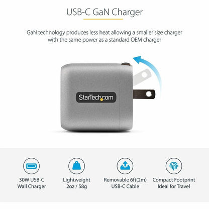 Alternate-Image1 Image for StarTech.com 30W USB-C Wall Charger, Portable GaN Charger w/ USB Power Delivery Fast Charging, USB-IF Certified, 6ft Cable, USB-C Charger