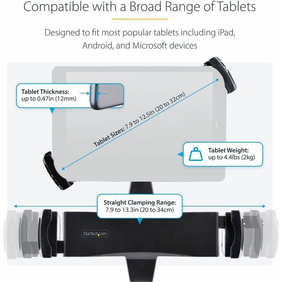 Alternate-Image2 Image for StarTech.com VESA Mount Adapter for Tablets 7.9 to 12.5in, Up to 2kg /4.4lb, 75x75/100x100, Universal Anti-Theft Tablet VESA Mount Clamp