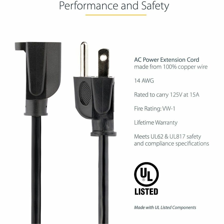 Alternate-Image1 Image for StarTech.com 15ft (4.5m) Heavy Duty Extension Cord, NEMA5-15P to NEMA5-15R Black Extension Cord, 15A 125V, 14AWG, Heavy Gauge Power Cable