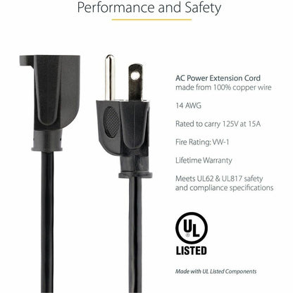 Alternate-Image1 Image for StarTech.com 15ft (4.5m) Heavy Duty Extension Cord, NEMA5-15P to NEMA5-15R Black Extension Cord, 15A 125V, 14AWG, Heavy Gauge Power Cable