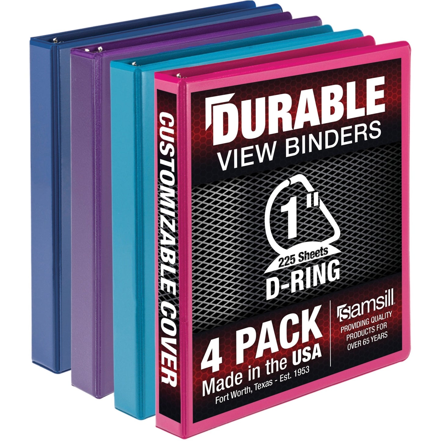 Main Image for Samsill Durable 1 Inch Binder, Made in the USA, D Ring Customizable Clear View Cover, Fashion Assortment, 4 Pack, Each holds 225 Pages (MP46439)