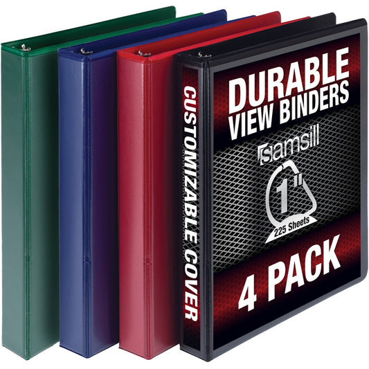 Main Image for Samsill Durable 1 Inch Binder, Made in The USA, D Ring Binder, Customizable Clear View Cover, Basic Assortment, 4 Pack, Each Holds 225 Pages (MP46409)