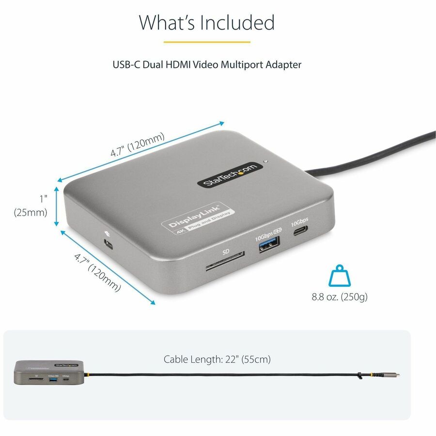 Alternate-Image6 Image for StarTech.com USB C Docking Station, Dual 4K 60Hz HDMI, compatible with MacBook Pro (M1/M2/M3/M4) and Windows, 10Gbps USB Hub, GbE, 100W PD