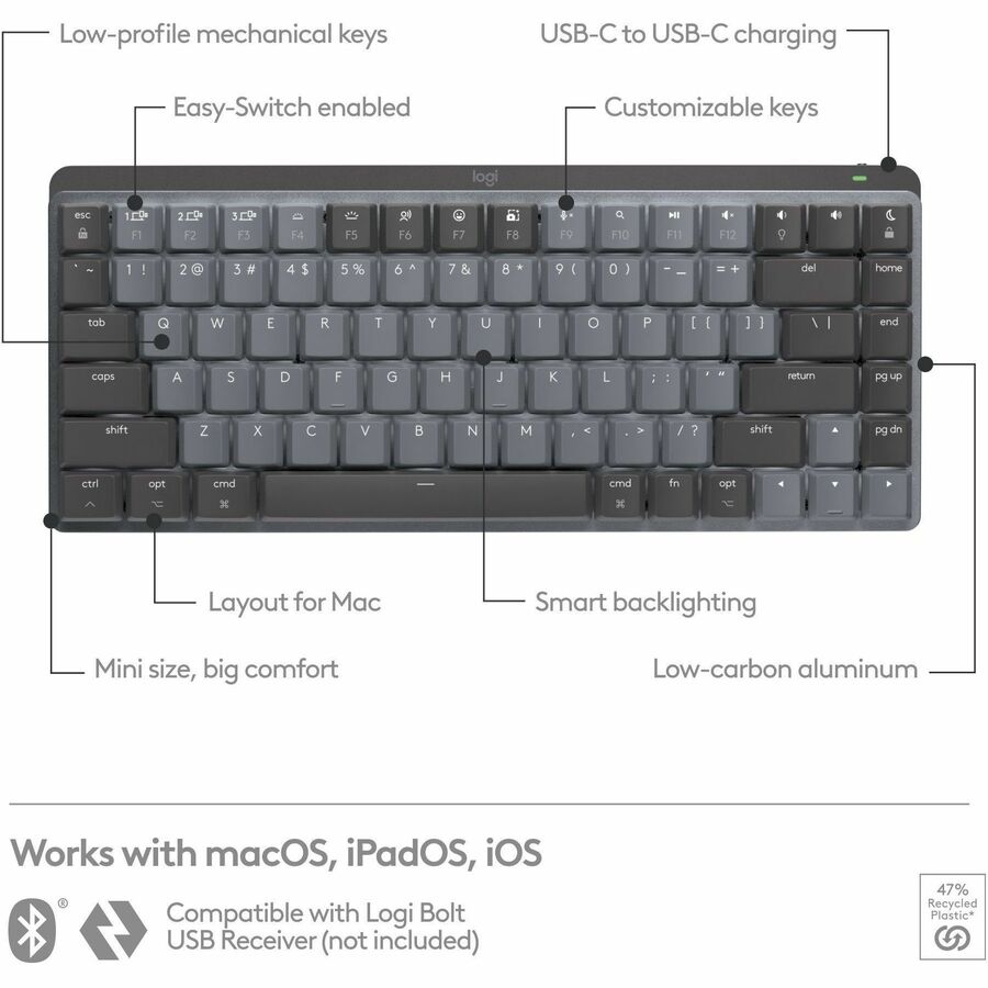 Alternate-Image5 Image for Logitech MX Mechanical Mini for Mac Wireless Illuminated Keyboard, Low-Profile Switches, Tactile Quiet Keys, Space Gray