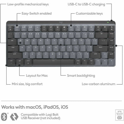 Alternate-Image5 Image for Logitech MX Mechanical Mini for Mac Wireless Illuminated Keyboard, Low-Profile Switches, Tactile Quiet Keys, Space Gray