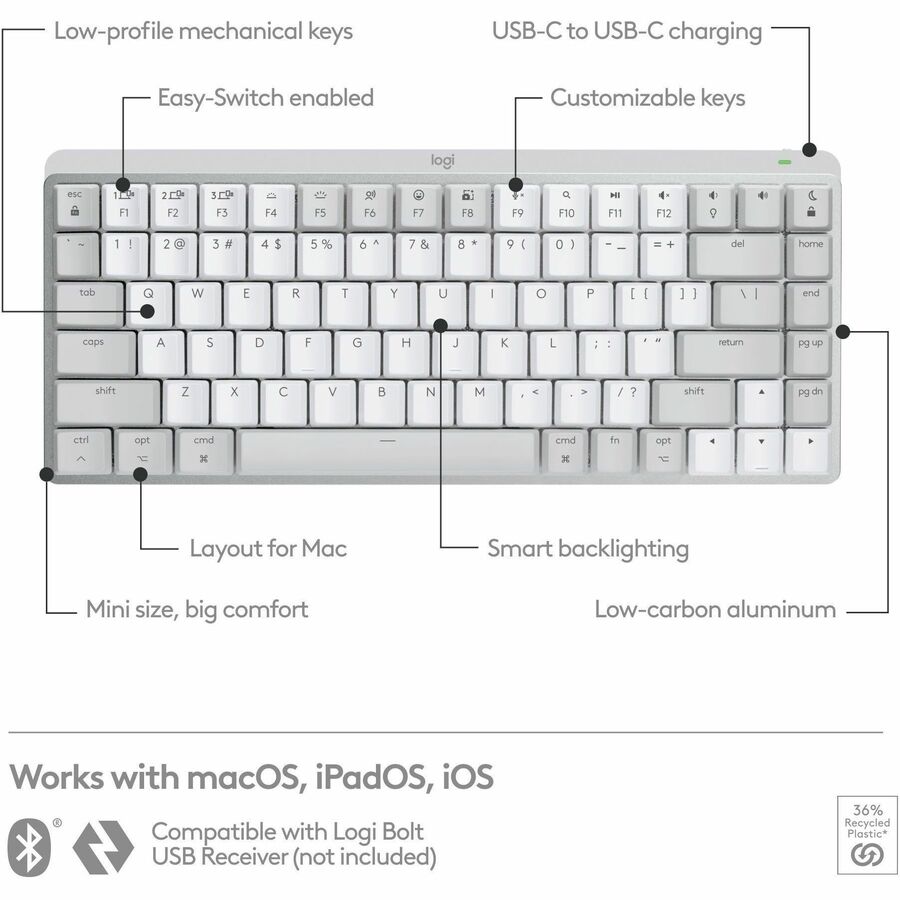 Alternate-Image5 Image for Logitech MX Mechanical Mini for Mac Wireless Illuminated Keyboard, Low-Profile Switches, Tactile Quiet Keys, Pale Gray