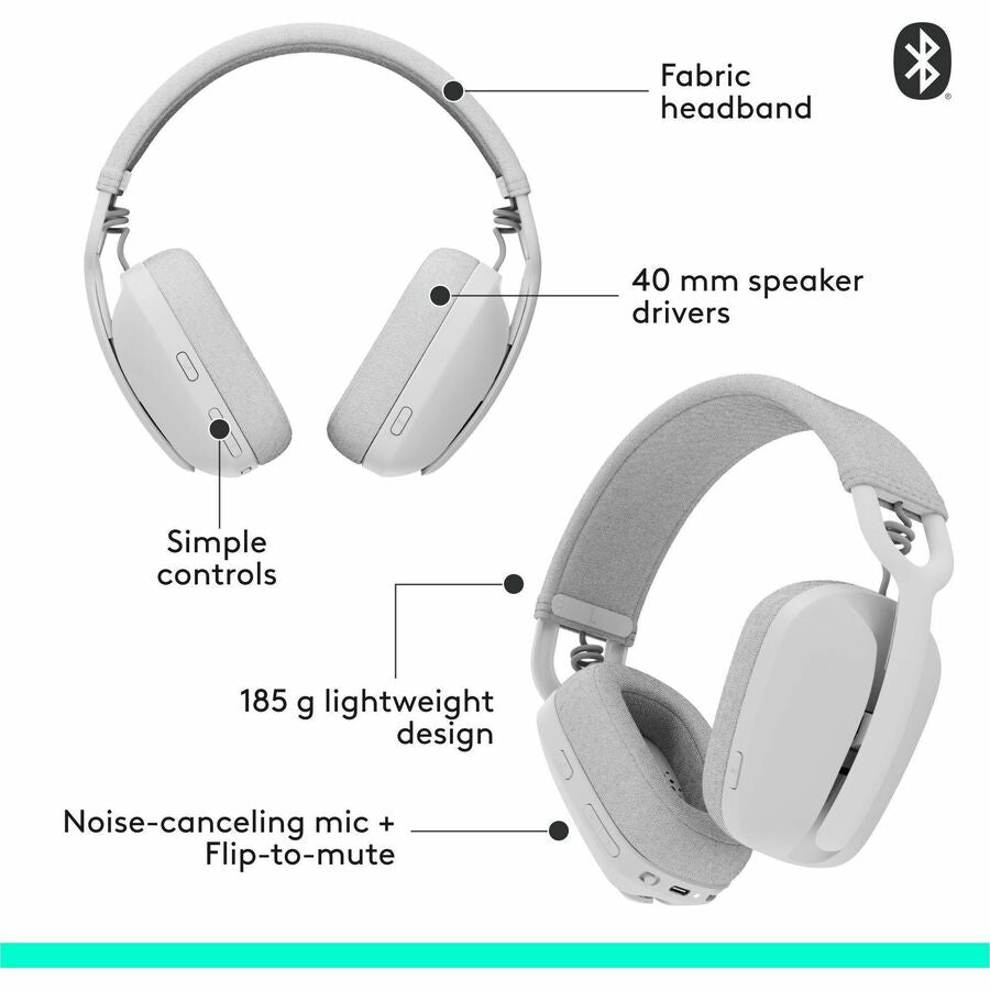 Alternate-Image1 Image for Logitech Zone Vibe 100 Wireless Over Ear Headphones, Noise Canceling Microphone, Advanced Multipoint Bluetooth Headset, Off-white