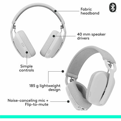 Alternate-Image1 Image for Logitech Zone Vibe 100 Wireless Over Ear Headphones, Noise Canceling Microphone, Advanced Multipoint Bluetooth Headset, Off-white