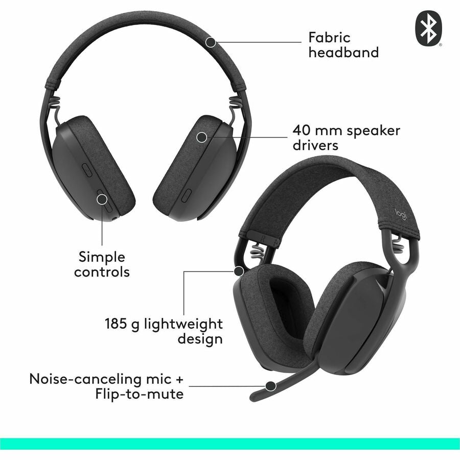 Alternate-Image1 Image for Logitech Zone Vibe 100 Wireless Over Ear Headphones, Noise Canceling Microphone, Advanced Multipoint Bluetooth Headset, Graphite