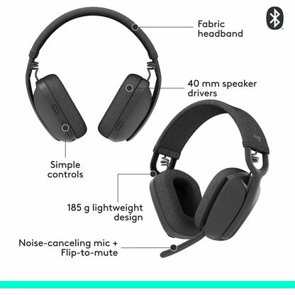 Alternate-Image1 Image for Logitech Zone Vibe 100 Wireless Over Ear Headphones, Noise Canceling Microphone, Advanced Multipoint Bluetooth Headset, Graphite