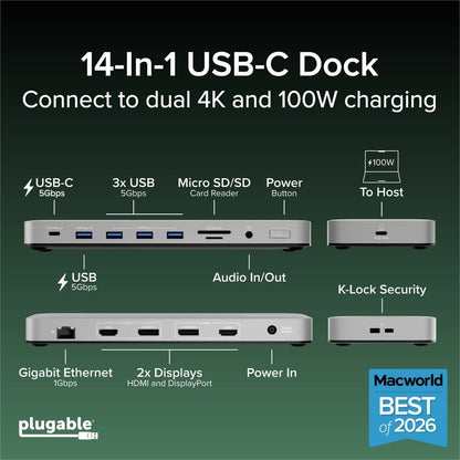 Alternate-Image1 Image for Plugable USB C Laptop Docking Station, Dual Monitor 4K 60Hz for Apple Mac M1/M2/M3/M4/M5/Neo