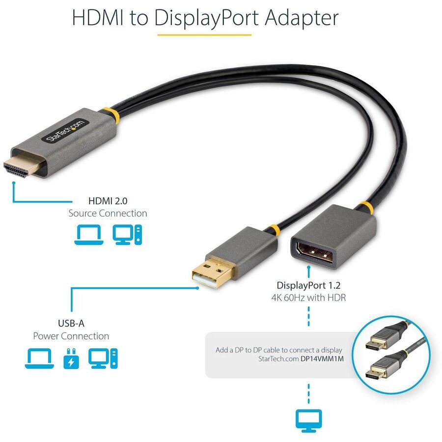 Alternate-Image1 Image for StarTech.com 1ft (30cm) HDMI to DisplayPort Adapter, 4K 60Hz HDR HDMI Source to DP Monitor, USB Bus Powered, HDMI 2.0 to DisplayPort 1.2