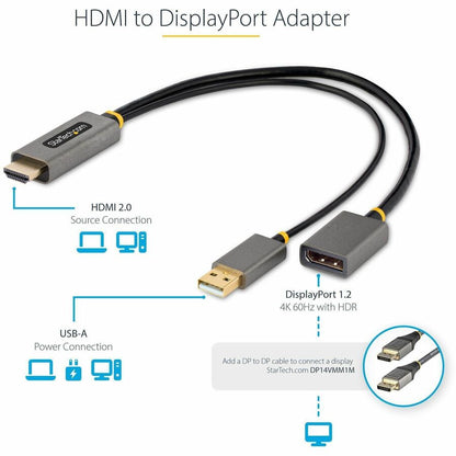 Alternate-Image1 Image for StarTech.com 1ft (30cm) HDMI to DisplayPort Adapter, 4K 60Hz HDR HDMI Source to DP Monitor, USB Bus Powered, HDMI 2.0 to DisplayPort 1.2
