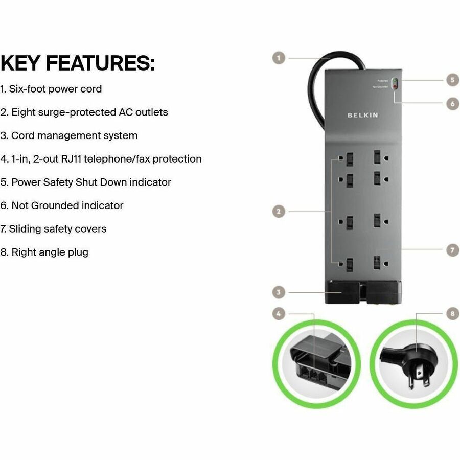 Alternate-Image9 Image for Belkin 8-Outlet Surge Protector - 6ft Cord - Right Angle Plug - 3550J - Telephone Protection - Grey (3-pack)