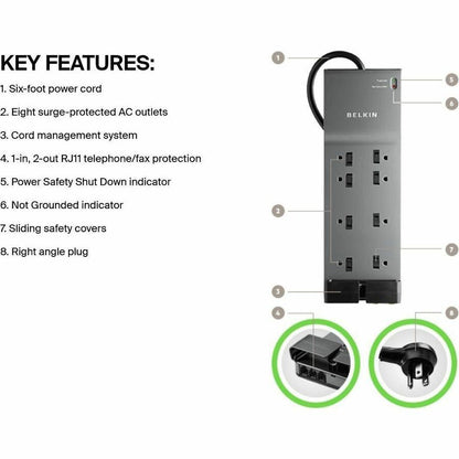 Alternate-Image9 Image for Belkin 8-Outlet Surge Protector - 6ft Cord - Right Angle Plug - 3550J - Telephone Protection - Grey (3-pack)