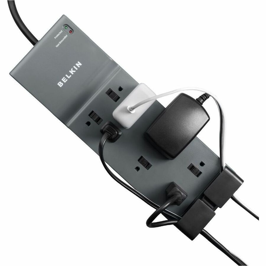 Alternate-Image4 Image for Belkin 8-Outlet Surge Protector - 6ft Cord - Right Angle Plug - 3550J - Telephone Protection - Grey (3-pack)