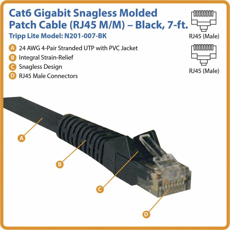 Alternate-Image1 Image for Eaton Tripp Lite Series Cat6 Gigabit Snagless Molded (UTP) Ethernet Cable (RJ45 M/M), PoE, Black, 7 ft. (2.13 m)
