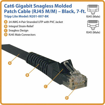 Alternate-Image1 Image for Eaton Tripp Lite Series Cat6 Gigabit Snagless Molded (UTP) Ethernet Cable (RJ45 M/M), PoE, Black, 7 ft. (2.13 m)