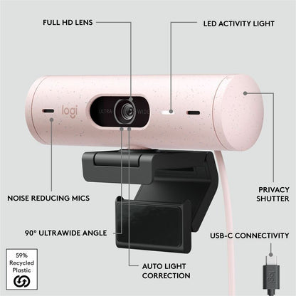 Alternate-Image6 Image for Logitech Brio 500 Full HD webcam, auto framing, noise-reducing mics, privacy shutter, streaming & video calling, Rose