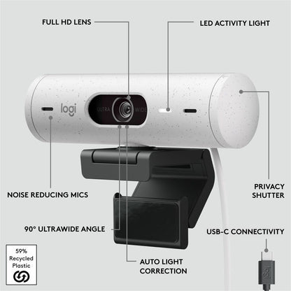 Alternate-Image6 Image for Logitech Brio 500 Full HD webcam, auto framing, noise-reducing mics, privacy shutter, streaming & video calling, Off-white