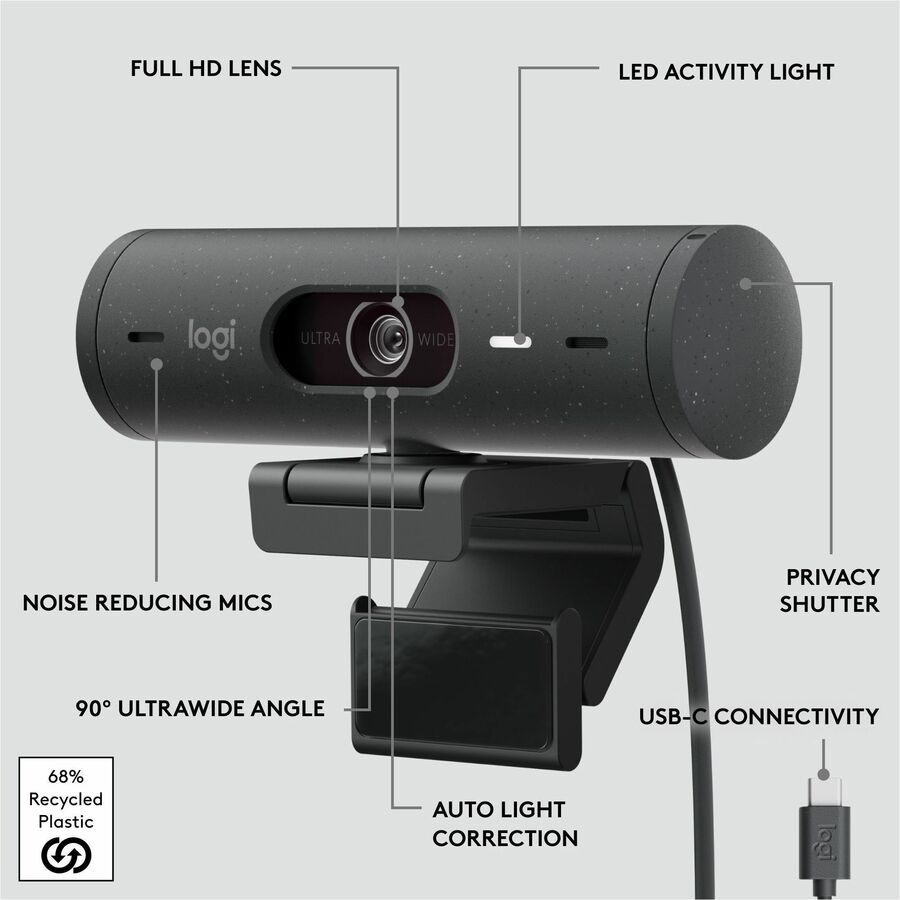 Alternate-Image6 Image for Logitech Brio 500 Full HD webcam, auto framing, noise-reducing mics, privacy shutter, streaming & video calling, Graphite