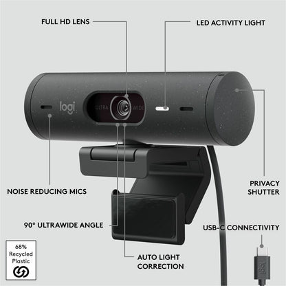 Alternate-Image6 Image for Logitech Brio 500 Full HD webcam, auto framing, noise-reducing mics, privacy shutter, streaming & video calling, Graphite