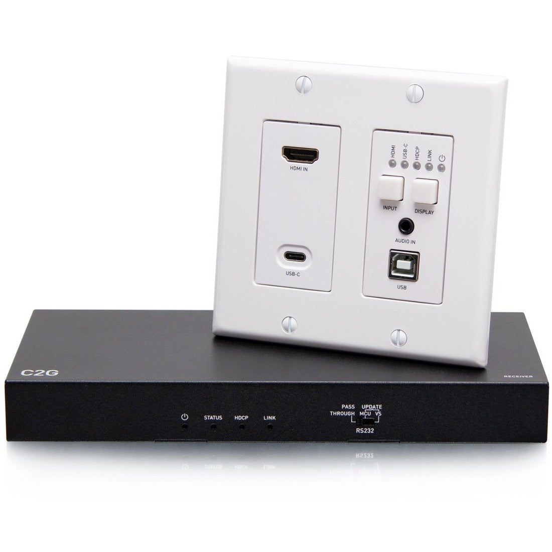 Main Image for C2G HDMI HDBaseT + USB-C, 3.5mm, and USB-B to A over Cat Extender Wall Plate Transmitter to Box Receiver - 4K 60Hz