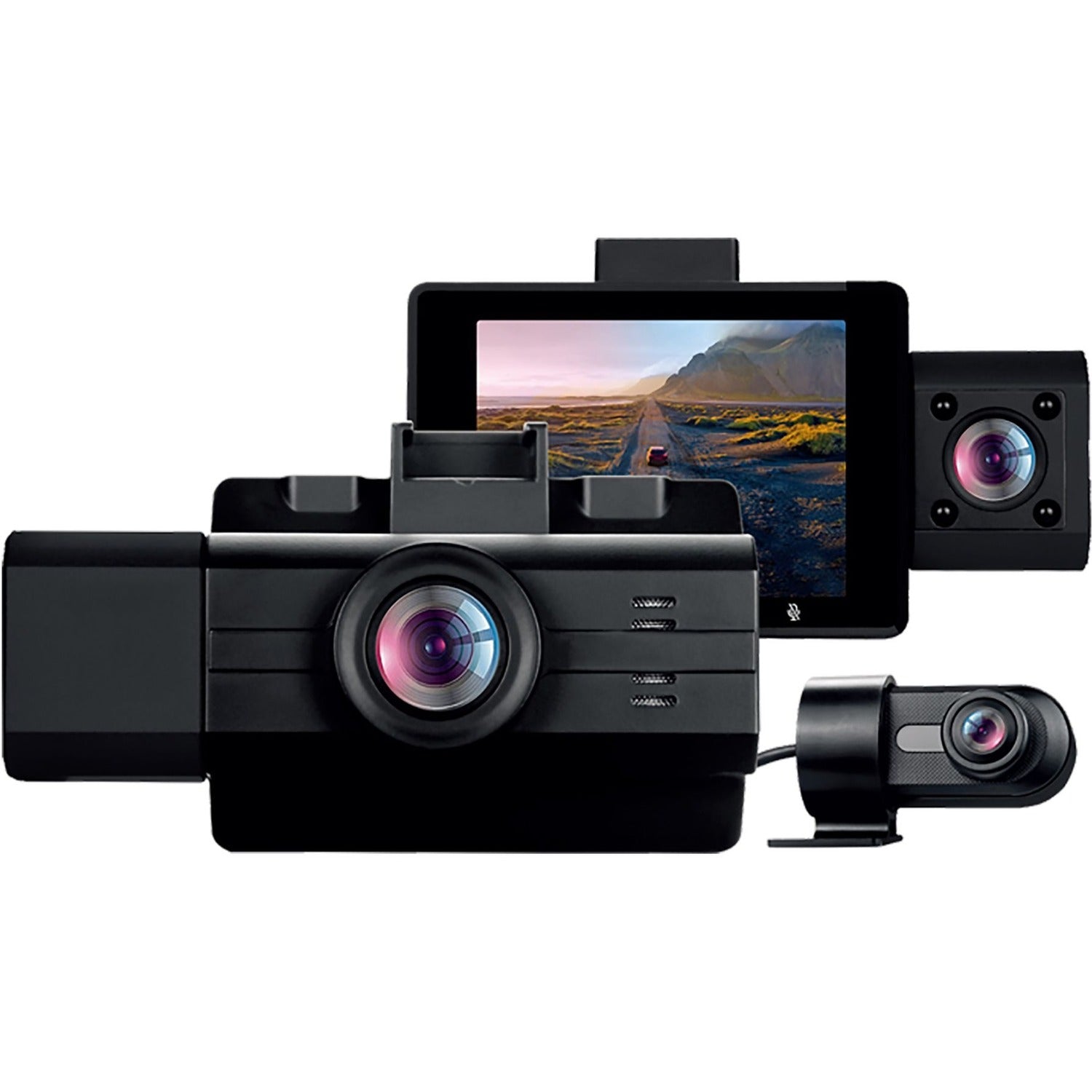 Main Image for myGEKOgear by Adesso Scout Pro 2K 3-Channel Dash Cam Surveillance Edition with Front View, Cabin View, Rear View, APP for Instant Video Access, Wide Angle View, 32GB SD Card Included, G-Sensor, ODB2 Cable for Toolless 24/7 Surveillance