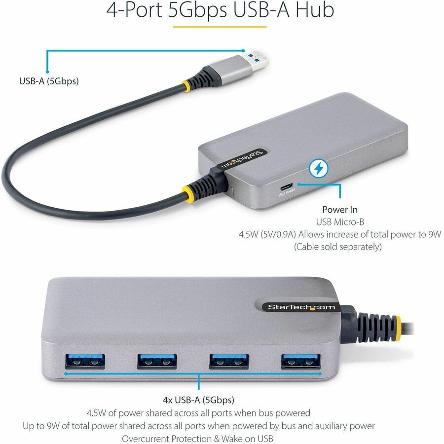 Alternate-Image1 Image for StarTech.com 4-Port USB Hub, USB 3.0 5Gbps, Bus Powered, USB-A to 4xA w/ Optional Auxiliary Power, Portable Laptop USB Hub, 1ft/30cm Cable