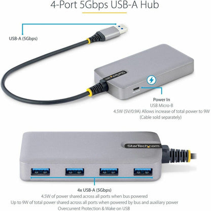 Alternate-Image1 Image for StarTech.com 4-Port USB Hub, USB 3.0 5Gbps, Bus Powered, USB-A to 4xA w/ Optional Auxiliary Power, Portable Laptop USB Hub, 1ft/30cm Cable