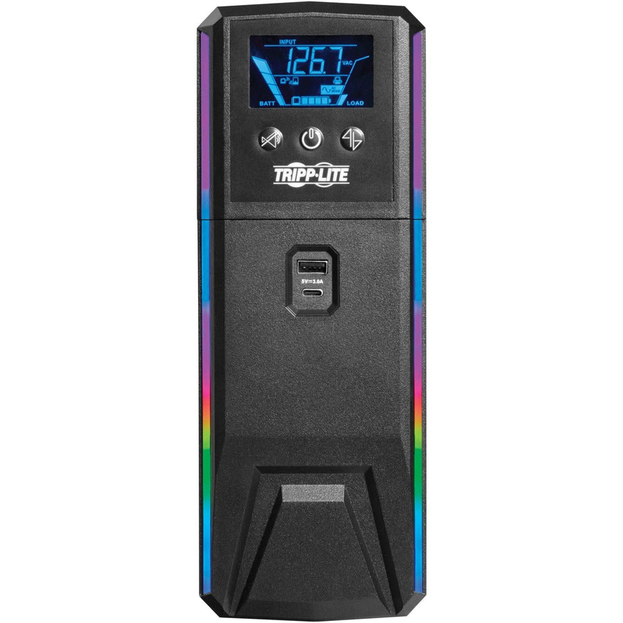 Front Image for Eaton Tripp Lite Series 1500VA 900W 120V Pure Sine Wave Gaming UPS Battery Backup - LCD, AVR, RGB LEDs, USB Charging, Power Saving
