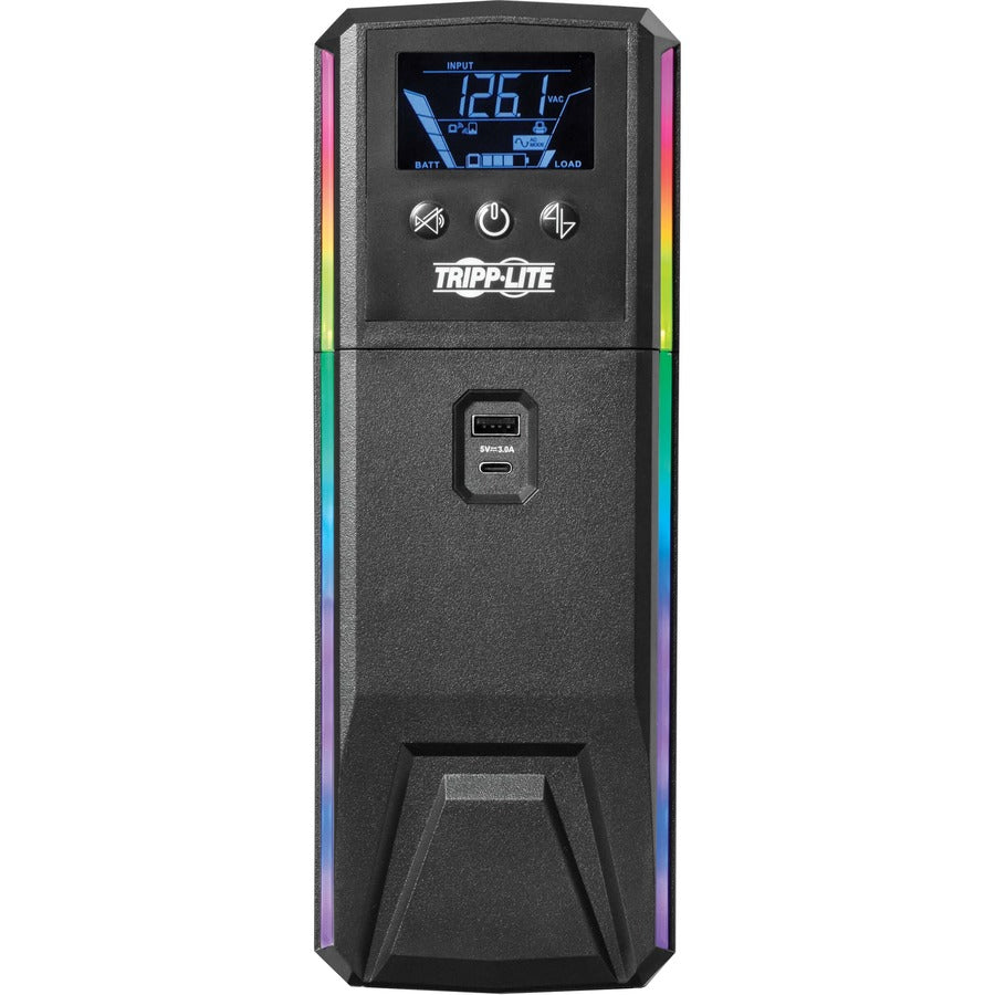 Front Image for Eaton Tripp Lite Series 1000VA 600W 120V Pure Sine Wave Gaming UPS Battery Backup - LCD, AVR, RGB LEDs, USB Charging, Power Saving
