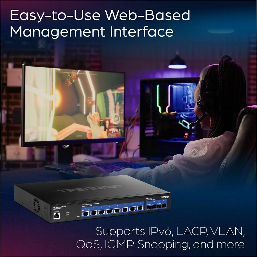 Alternate-Image4 Image for TRENDnet 12-Port 10G Web Smart Switch, TEG-7124WS, 8 x 10G RJ-45 Ports, 4 x SFP+ Slots, Ethernet Splitter, NDAA & TAA Compliant, Rack Mountable Housing, Lifetime Protection, Black