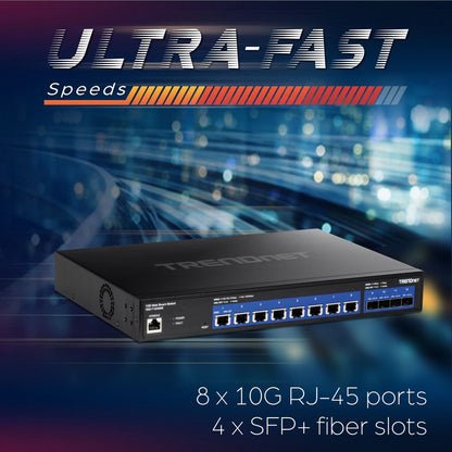 Alternate-Image3 Image for TRENDnet 12-Port 10G Web Smart Switch, TEG-7124WS, 8 x 10G RJ-45 Ports, 4 x SFP+ Slots, Ethernet Splitter, NDAA & TAA Compliant, Rack Mountable Housing, Lifetime Protection, Black