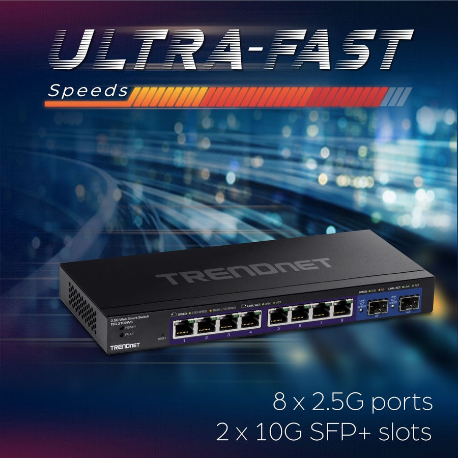 Alternate-Image5 Image for TRENDnet 10-Port Multi-Gig Web Smart Switch, TEG-3102WS, 8 x 2.5GBASE-T Ports, 2 x 10G SFP+ Slots, Ethernet Splitter, Metal Housing, NDAA & TAA Compliant, Lifetime Protection, Black
