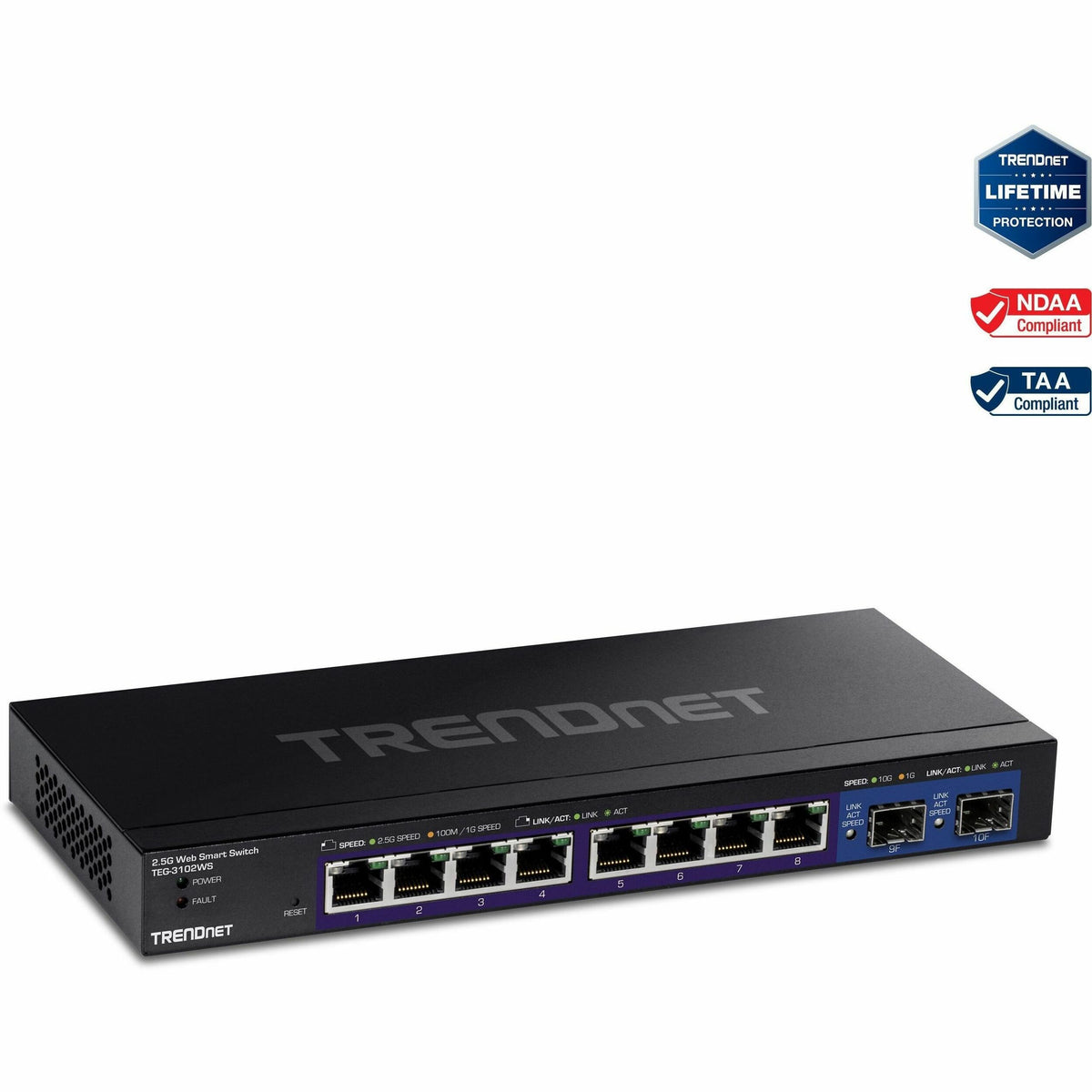 Main Image for TRENDnet 10-Port Multi-Gig Web Smart Switch, TEG-3102WS, 8 x 2.5GBASE-T Ports, 2 x 10G SFP+ Slots, Ethernet Splitter, Metal Housing, NDAA & TAA Compliant, Lifetime Protection, Black