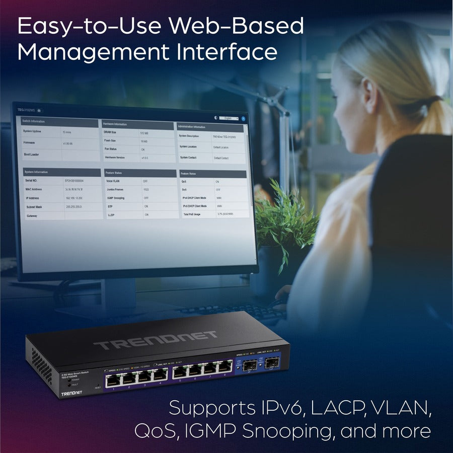 Alternate-Image7 Image for TRENDnet 10-Port Multi-Gig Web Smart Switch, TEG-3102WS, 8 x 2.5GBASE-T Ports, 2 x 10G SFP+ Slots, Ethernet Splitter, Metal Housing, NDAA & TAA Compliant, Lifetime Protection, Black