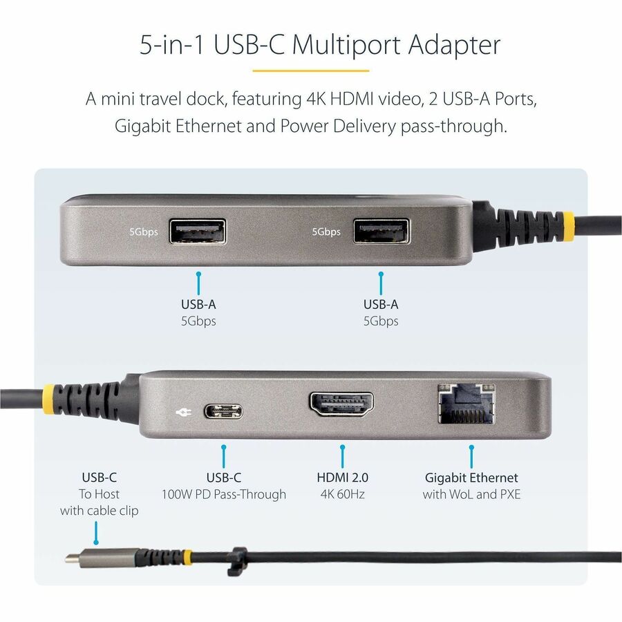 Alternate-Image2 Image for StarTech.com USB-C Multiport Adapter, 4K60Hz HDMI, HDR, 2-Port 5Gbps USB Hub, 100W PD Pass-Through, GbE, Mini Dock, Windows/macOS/ChromeOS