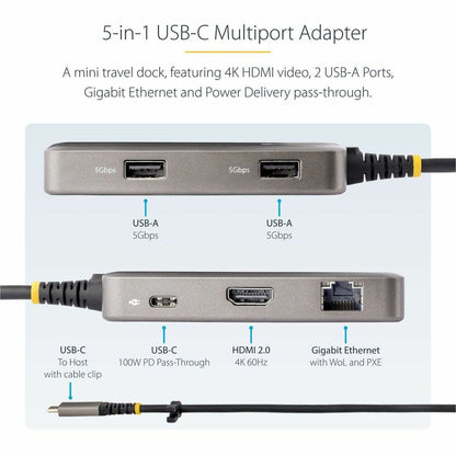 Alternate-Image2 Image for StarTech.com USB-C Multiport Adapter, 4K60Hz HDMI, HDR, 2-Port 5Gbps USB Hub, 100W PD Pass-Through, GbE, Mini Dock, Windows/macOS/ChromeOS