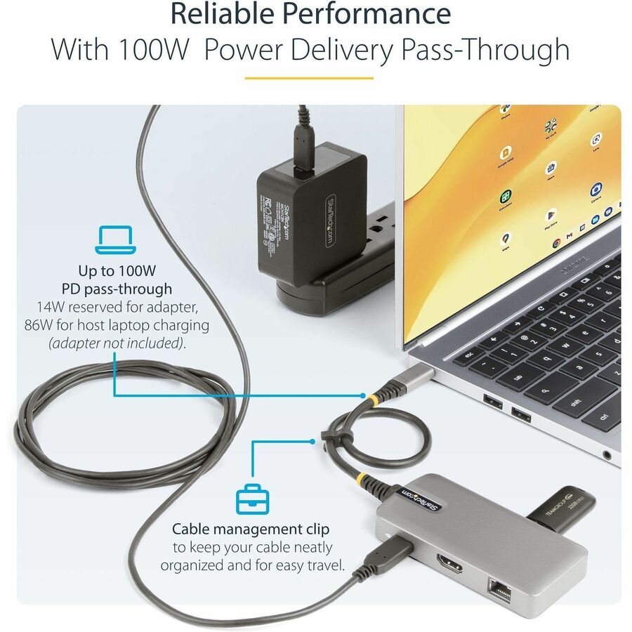Alternate-Image4 Image for StarTech.com USB-C Multiport Adapter, 4K60Hz HDMI, HDR, 2-Port 5Gbps USB Hub, 100W PD Pass-Through, GbE, Mini Dock, Windows/macOS/ChromeOS