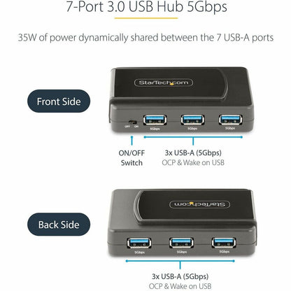 Alternate-Image1 Image for StarTech.com 7-Port USB Hub, USB 3.0 5Gbps, USB-A to 7x USB-A, Self Powered USB-A Expansion Hub w/ 35W Power Supply