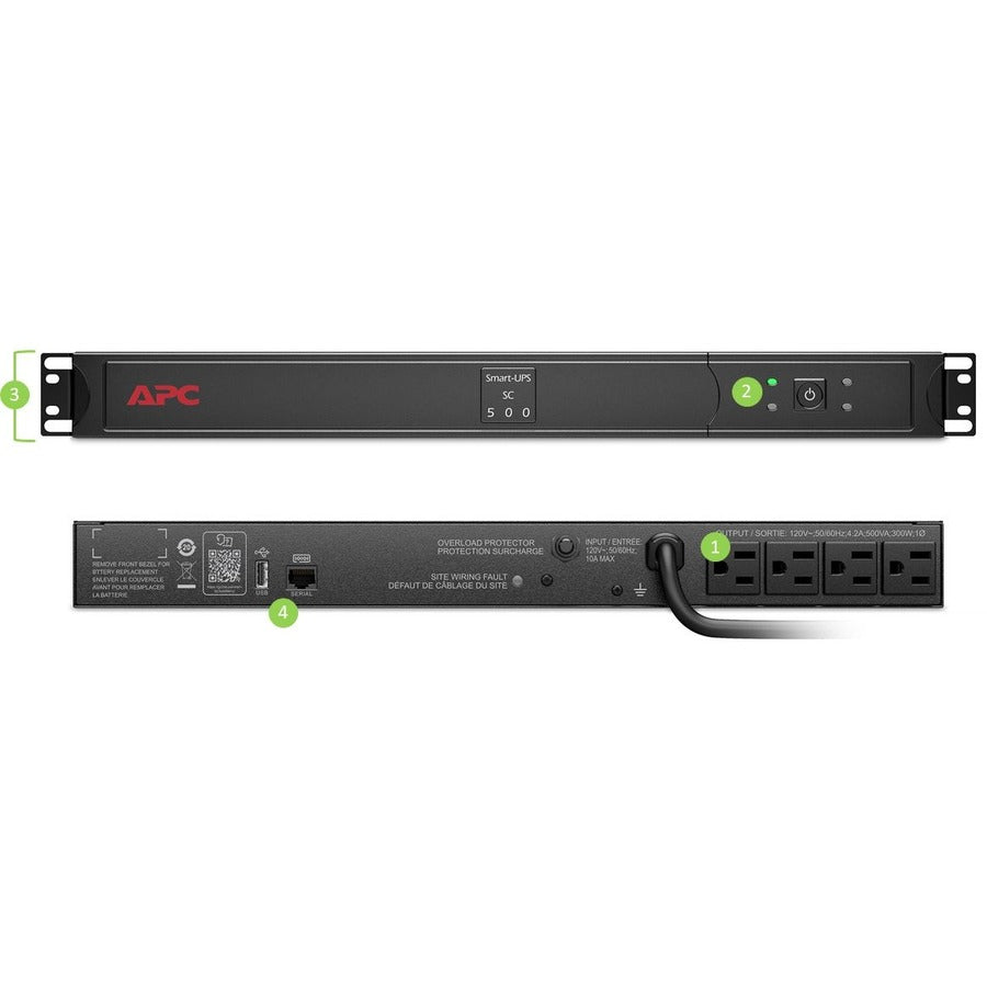 Alternate-Image1 Image for APC Smart-UPS, Line Interactive, 500VA, Rackmount 1U, 120V, 4x NEMA 5-15R outlets, Short Depth