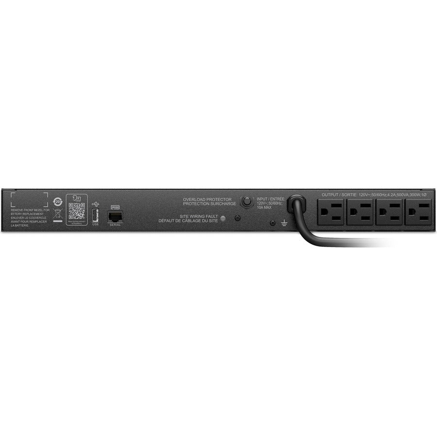 Rear Image for APC Smart-UPS, Line Interactive, 500VA, Rackmount 1U, 120V, 4x NEMA 5-15R outlets, Short Depth